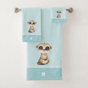 Cute Meerkat & Monogram on Light Blue Bath Towel Set