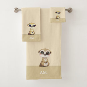 Cute Meerkat & Monogram on Sand Beige Bath Towel Set