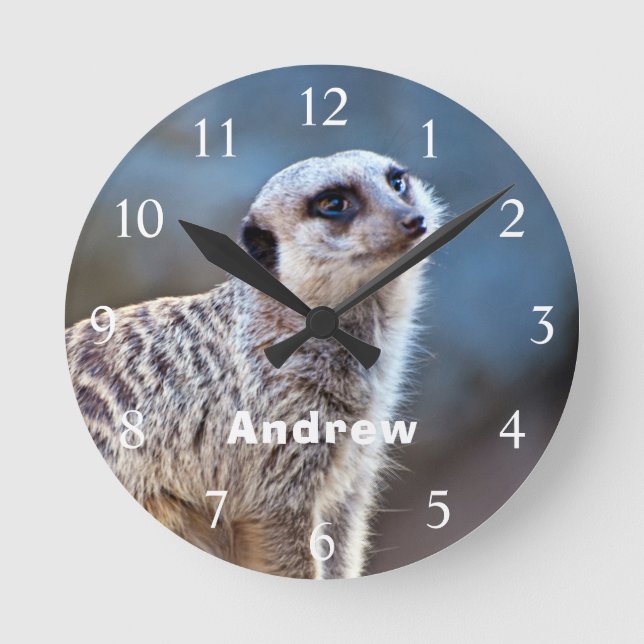 Cute Meerkat Posing Personalised Name Round Clock (Front)