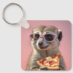 Cute Meerkat With Glasses and Pizza Key Ring