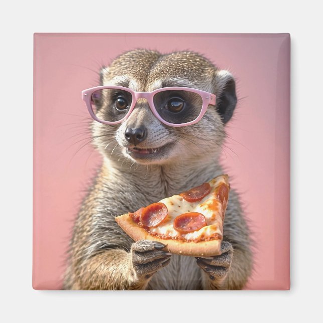 Cute Meerkat With Glasses and Pizza Magnet (Front)