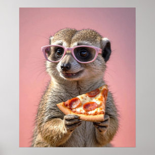 Cute Meerkat With Glasses and Pizza Poster