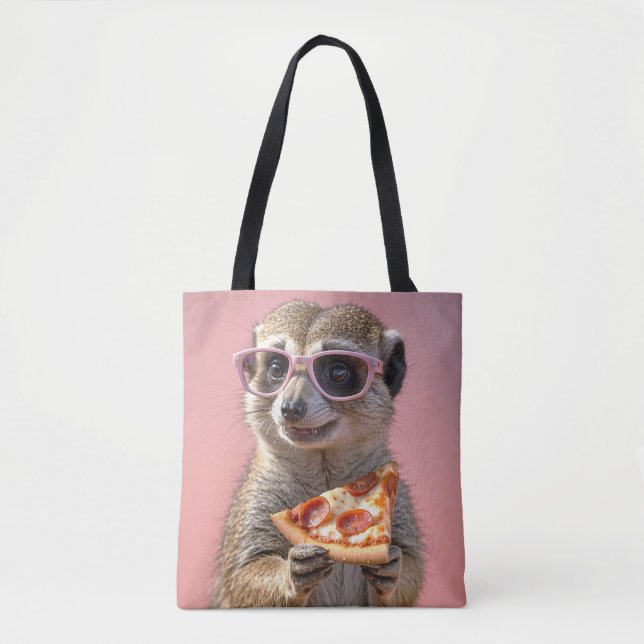 Cute Meerkat With Glasses and Pizza Tote Bag (Front)