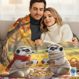 Cute Meerkats in Autumn Attire at a Picnic Fleece Blanket