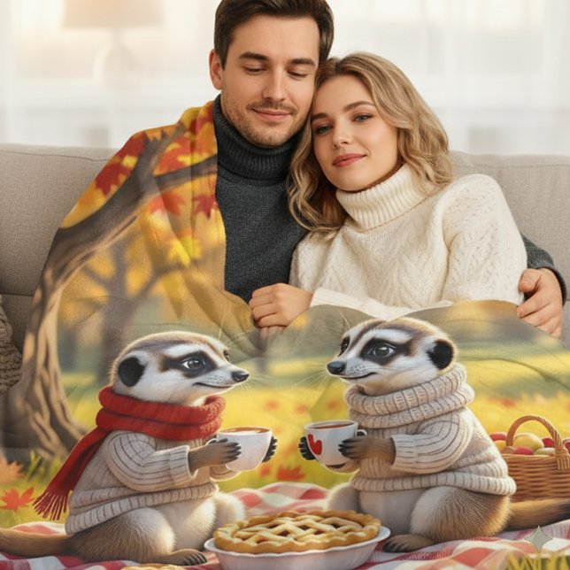 Cute Meerkats in Autumn Attire at a Picnic Fleece Blanket (Meerkat Couple in Autumn Attire Fleece Blanket Cover Photo)