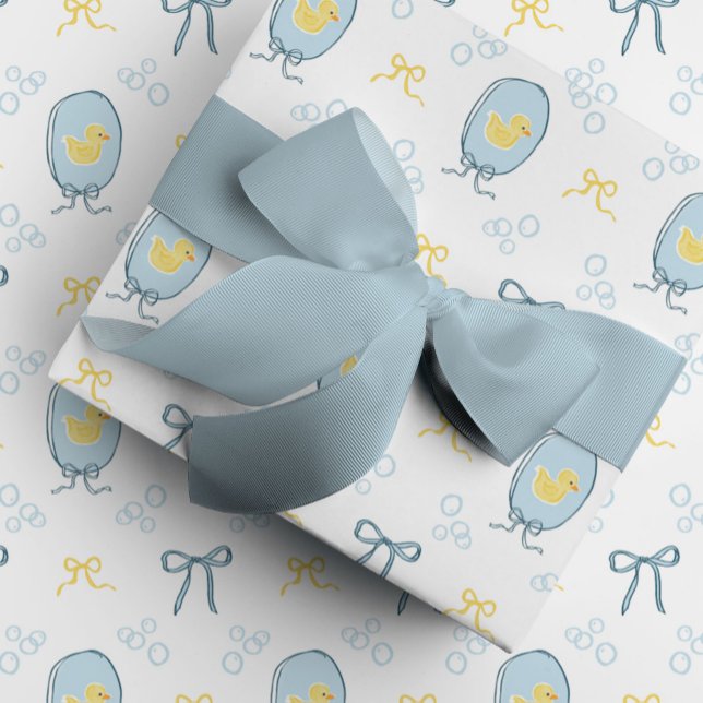 Cute Meets Elegant Rubber Ducky Ribbon Bow Wrapping Paper (Elegant meets cute yellow and blue rubber ducky gift wrapping paper.)