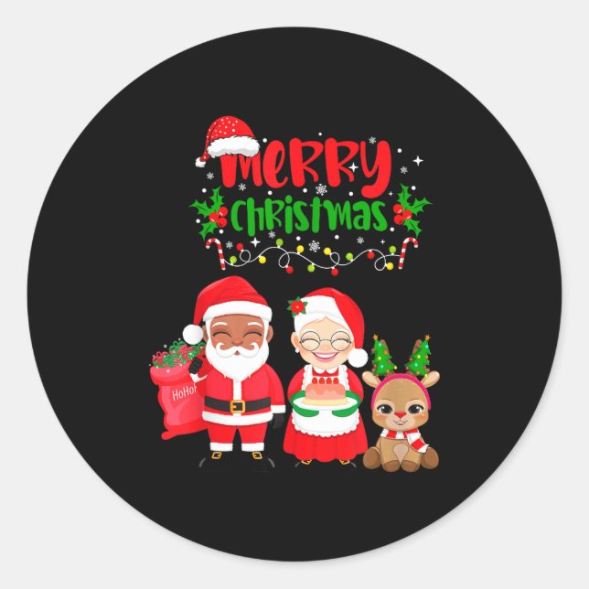 Cute Melanin Santa &amp; Mrs Claus Interracial Fam Classic Round Sticker (Front)