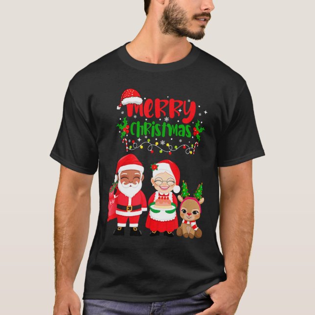 Cute Melanin Santa &amp; Mrs Claus Interracial Fam T-Shirt (Front)