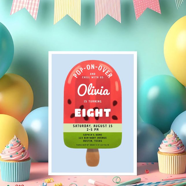 Cute Melon Popsicle Girl 8th Birthday Invitation (Cute Melon Popsicle Girl 8th Birthday Invitation)