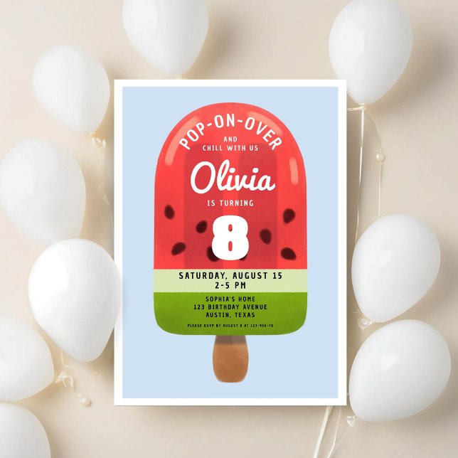 Cute Melon Popsicle Girl Eight Birthday Invitation (Cute Melon Popsicle Girl Eight Birthday Invitation)