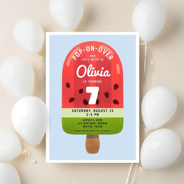 Cute Melon Popsicle Girl Seven Birthday Invitation (Cute Melon Popsicle Girl Seven Birthday Invitation)