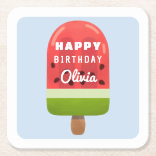 Cute Melon Popsicle Happy Birthday Square Paper Coaster
