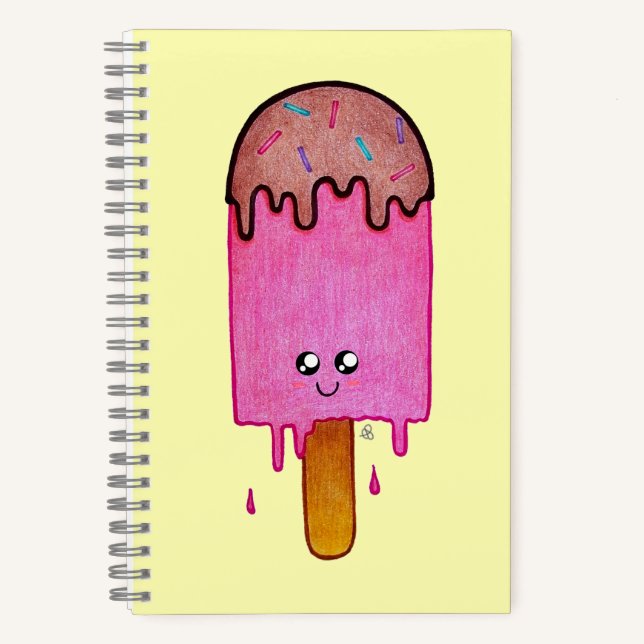 Cute Melting Pink Popsicle, Kawaii Cartoon Notebook (Front)