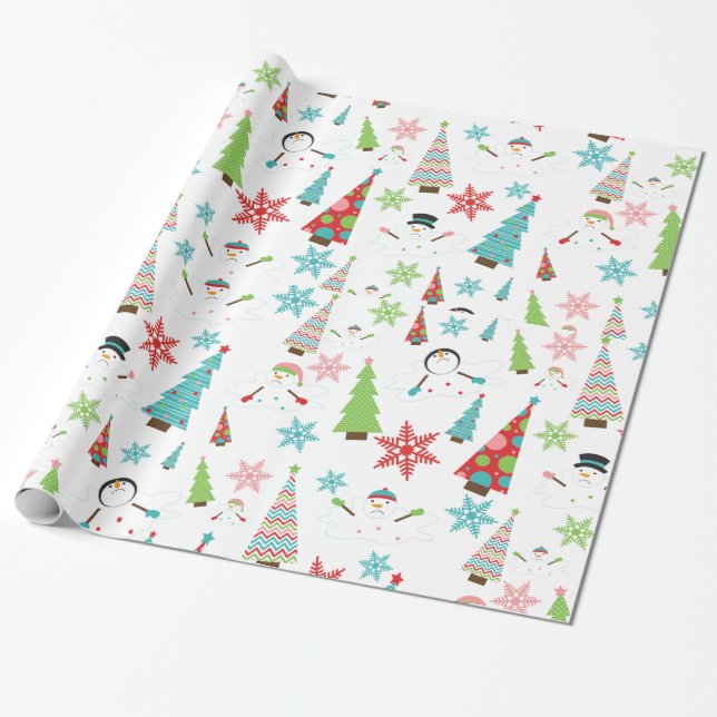 Cute Melting Snowman Funky Christmas Trees Wrapping Paper (Unrolled)