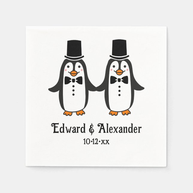 Cute Men Penguins Wedding Couple Names Date #3SmP  Napkin (Front)