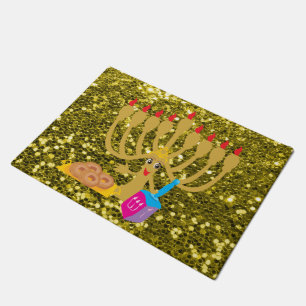 Cute Menorah & Dreidel Gold Faux Glitter Doormat