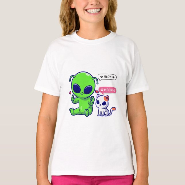 CUTE MEOW CAT WITH ALIEN  T-Shirt (Front)