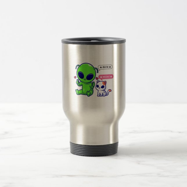 CUTE MEOW CAT WITH ALIEN  TRAVEL MUG (Center)