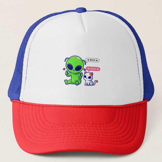 CUTE MEOW CAT WITH ALIEN  TRUCKER HAT (Front)