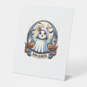 Cute Meow-lolween Cat in Ghost Costume Halloween A Pedestal Sign