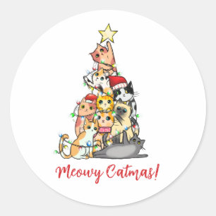 Cute Meowy Catmas Cats Christmas Tree Classic Round Sticker