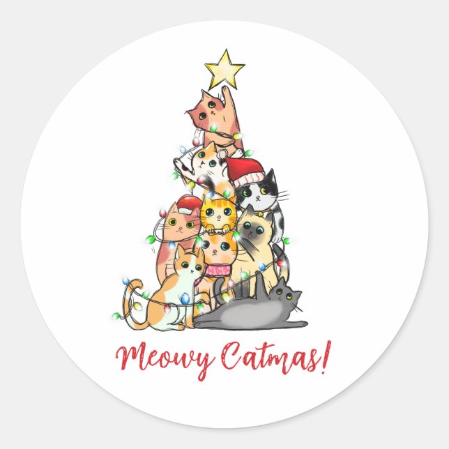 Cute Meowy Catmas Cats Christmas Tree Classic Round Sticker (Front)