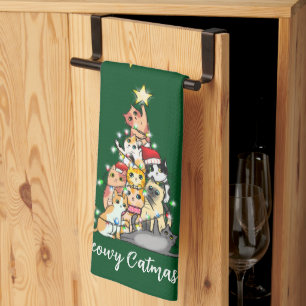 Cute Meowy Catmas Cats Christmas Tree Custom Tea Towel