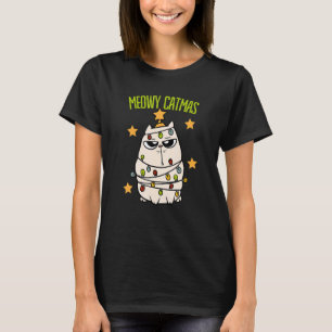Cute Meowy Catmas Christmas Cat Tangled Up In Ligh T-Shirt