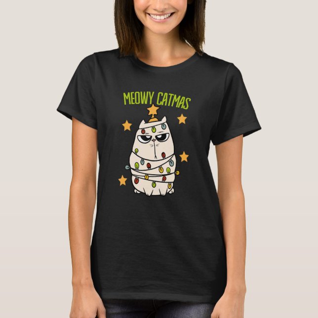 Cute Meowy Catmas Christmas Cat Tangled Up In Ligh T-Shirt (Front)