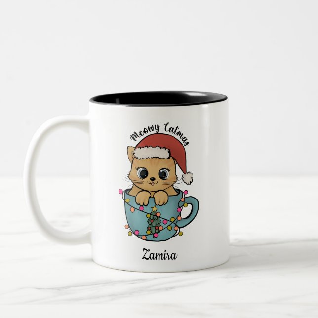 Cute Meowy Catmas Santa Christmas  Two-Tone Coffee Mug (Left)