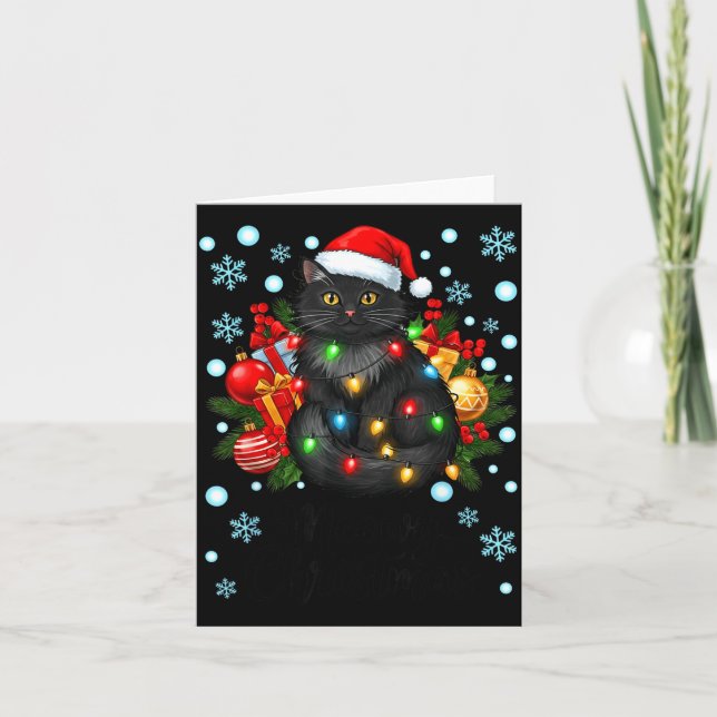 Cute Meowy Christmas Black Cat Santa Hat Xmas Wome Card (Front)