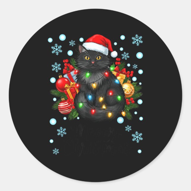 Cute Meowy Christmas Black Cat Santa Hat Xmas Wome Classic Round Sticker (Front)