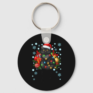 Cute Meowy Christmas Black Cat Santa Hat Xmas Wome Key Ring