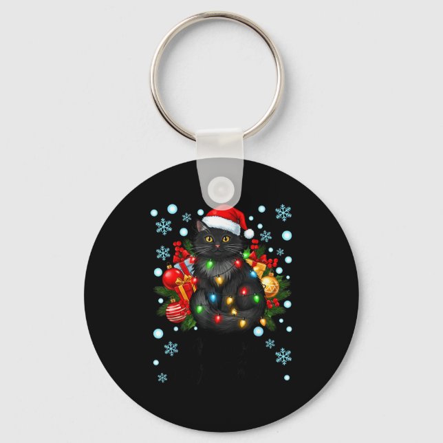 Cute Meowy Christmas Black Cat Santa Hat Xmas Wome Key Ring (Front)