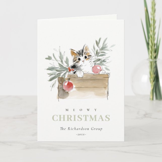 Cute Meowy Christmas Box Cat Corporate Logo Holiday Card (Front)