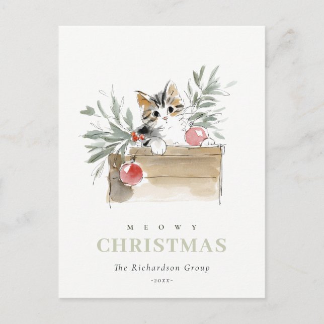 Cute Meowy Christmas Box Cat Corporate Logo Holiday Postcard (Front)