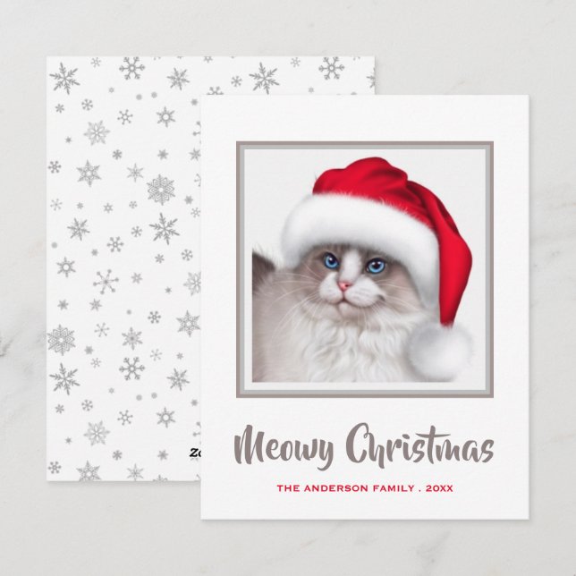 Cute Meowy Christmas Cat and Santa Hat Holiday Card (Front/Back)