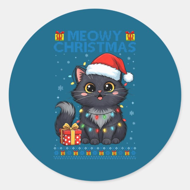 Cute Meowy Christmas Cat – Kawaii Holiday Kitty Te Classic Round Sticker (Front)