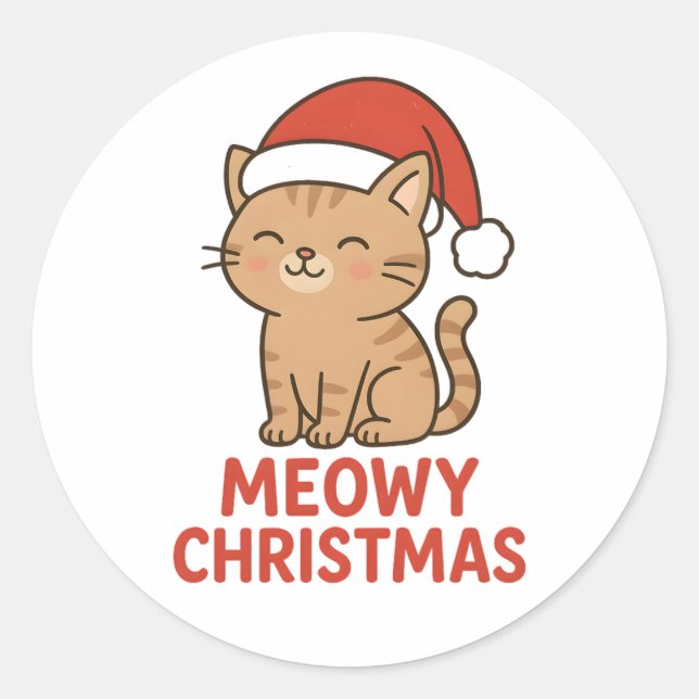 Cute Meowy Christmas Cat Santa Hat Classic Round Sticker (Front)