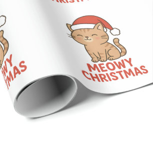 Cute Meowy Christmas Cat Santa Hat Wrapping Paper