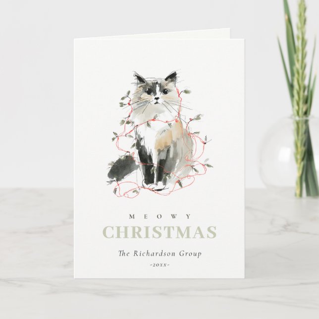 Cute Meowy Christmas Lights Cat Corporate Logo Holiday Card (Front)