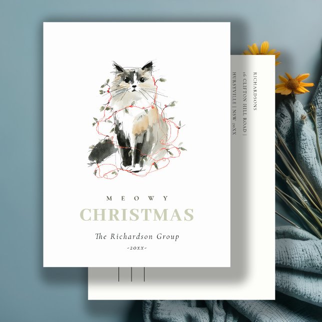Cute Meowy Christmas Lights Cat Corporate Logo Holiday Postcard (Creator Uploaded)