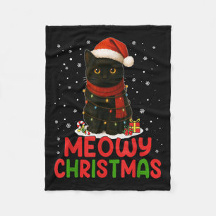 Cute Meowy Christmas Santa Hat Funny Black Cat Men Fleece Blanket
