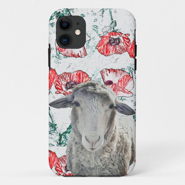 Cute Merino Sheep Animal Red Poppy Flowers Case-Mate iPhone Case (Back)