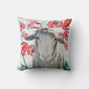 Cute Merino Sheep Animal Red Poppy Flowers Cushion