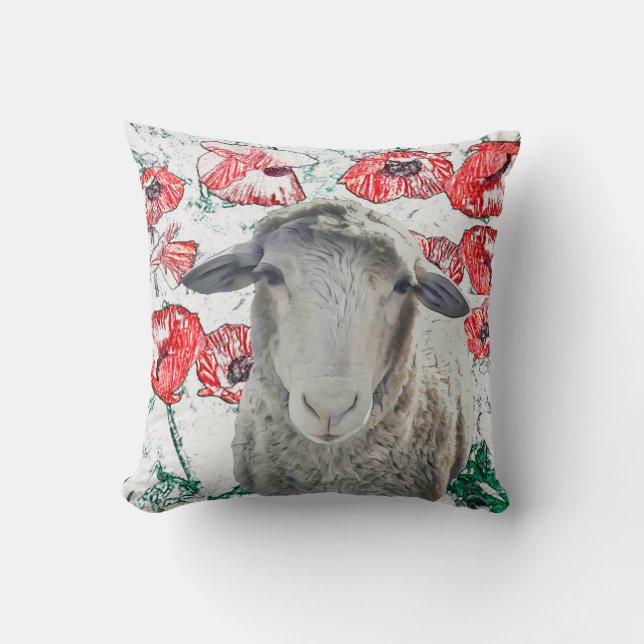 Cute Merino Sheep Animal Red Poppy Flowers Cushion (Front)