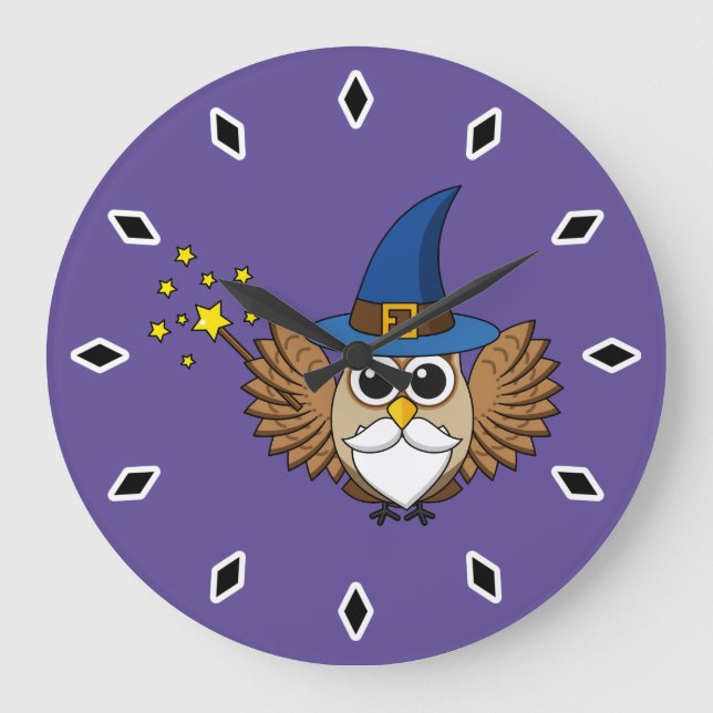 Cute Merlin the Wizard Owl Cartoon Large Clock (Front)