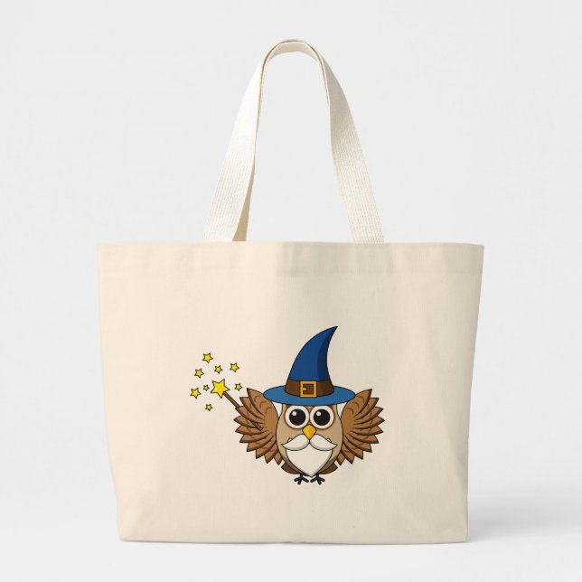 Cute Merlin the Wizard Owl Cartoon Large Tote Bag (Front)