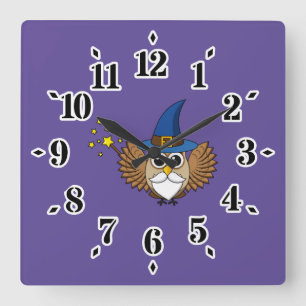 Cute Merlin the Wizard Owl Cartoon Square Wall Clock