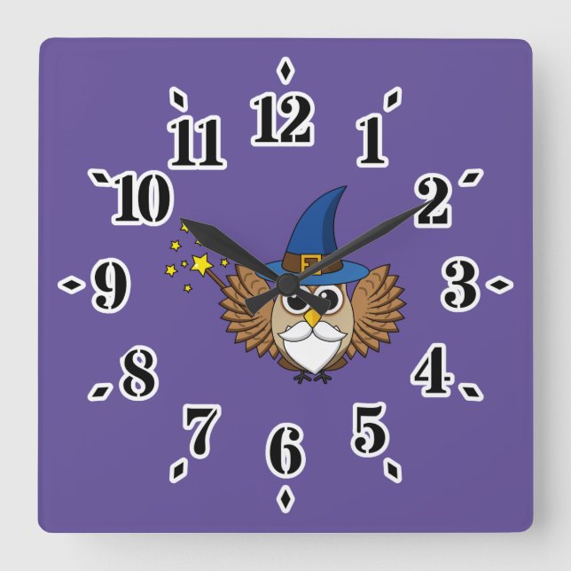 Cute Merlin the Wizard Owl Cartoon Square Wall Clock (Front)